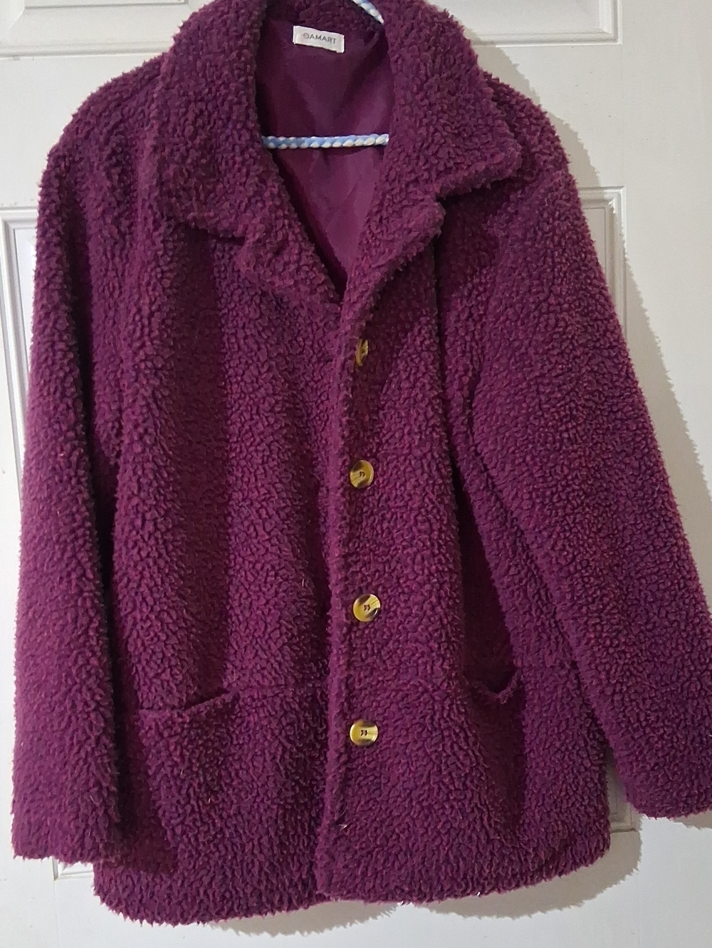 Cozy Purple Teddy Jacket with Tortorise Color Button Front -